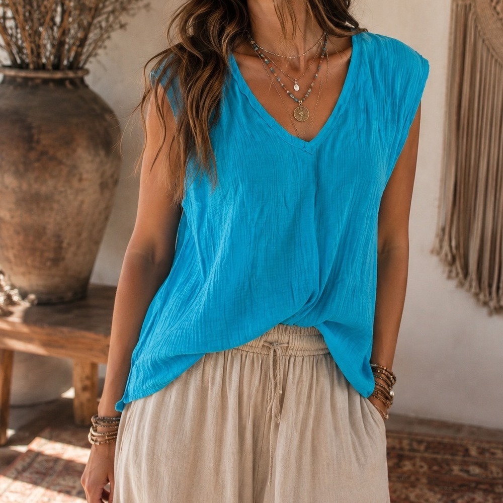 Andree by Unit Blue Gauze Cotton V-Neck Boho Tank Top 3X MHS07P mm